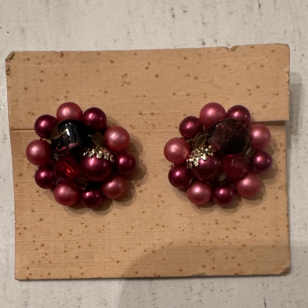 Vintage Pink Beaded Clip-On Earrings
